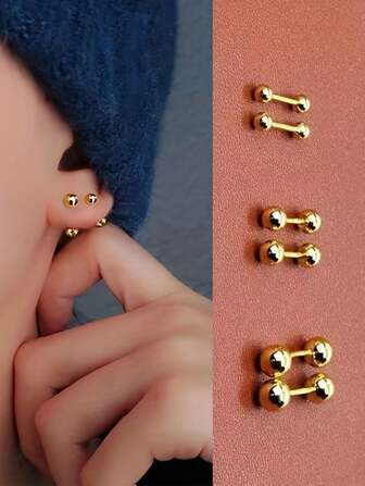 3 Pairs Stainless Steel Bean Earrings For Men, Simple 18K Gold Plated Ball Stud Earrings For Boys 3/4/5mm Set