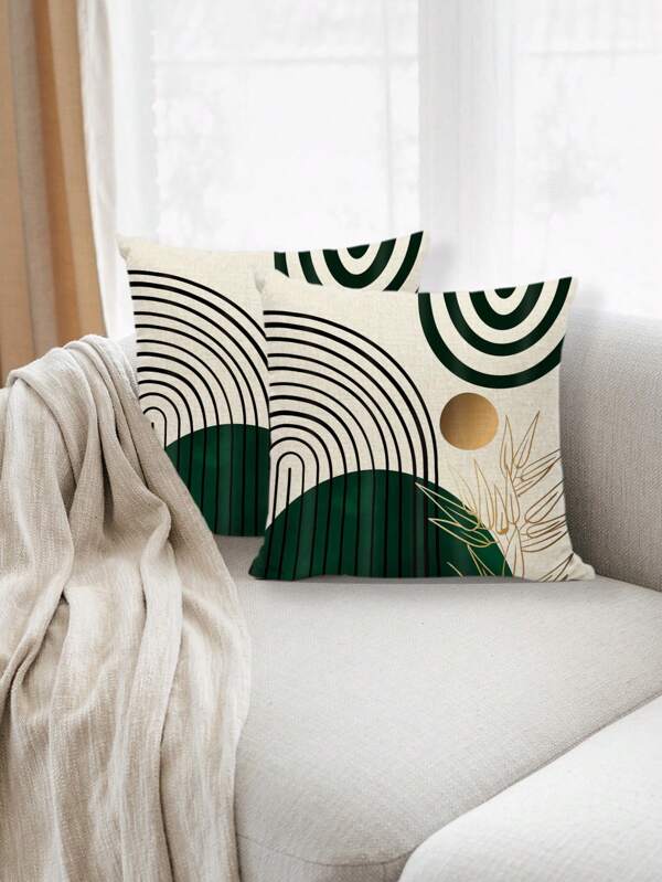 2pcs Bohemian Style Pillowcases, Green & Gold Farmhouse Decorative Cushion Cover With Tropical Leaf Pattern For Sofa Home Decor, 18x18 Inches