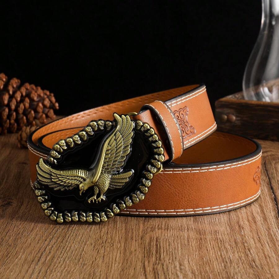 1入組3.7cm寬老鷹頭圖案皮帶帶流行扣飾,時尚復古休閒中性腰帶