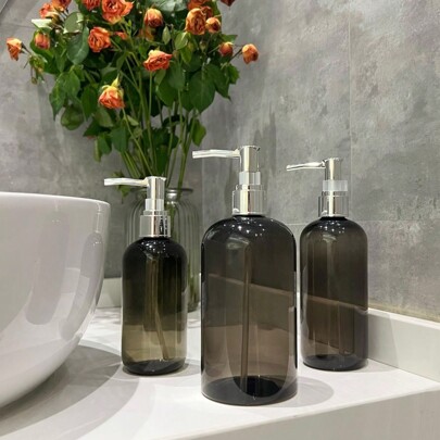 1pc Translucent Black Shoulder Press Dispenser Bottle, 250ml/350ml/500ml, For Shower Gel, Shampoo, Conditioner, Lotion, Facial Cleanser, Hand Cream, Suitable For Bathroom, Living Room And Bedroom Home Bathroom Decor Fall Decor Back To School