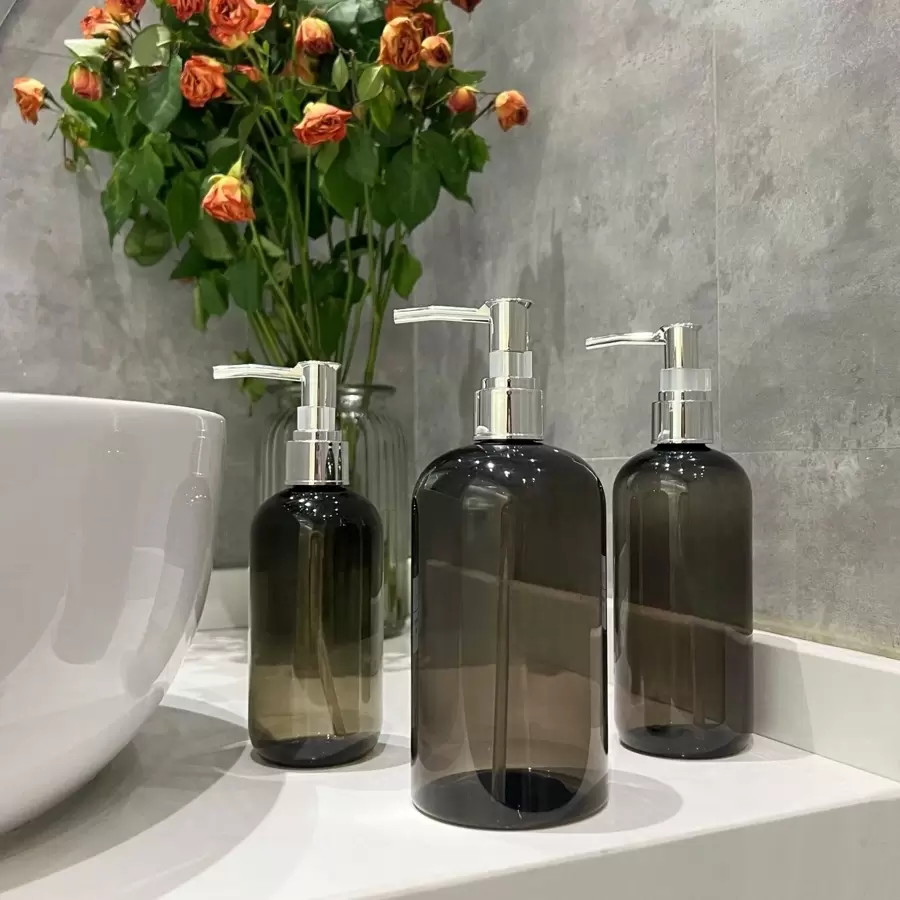 1pc Translucent Black Shoulder Press Dispenser Bottle, 250ml/350ml/500ml, For Shower Gel, Shampoo, Conditioner, Lotion, Facial Cleanser, Hand Cream, Suitable For Bathroom, Living Room And Bedroom Home Bathroom Decor Fall Decor Back To School - Transparent black - View 1