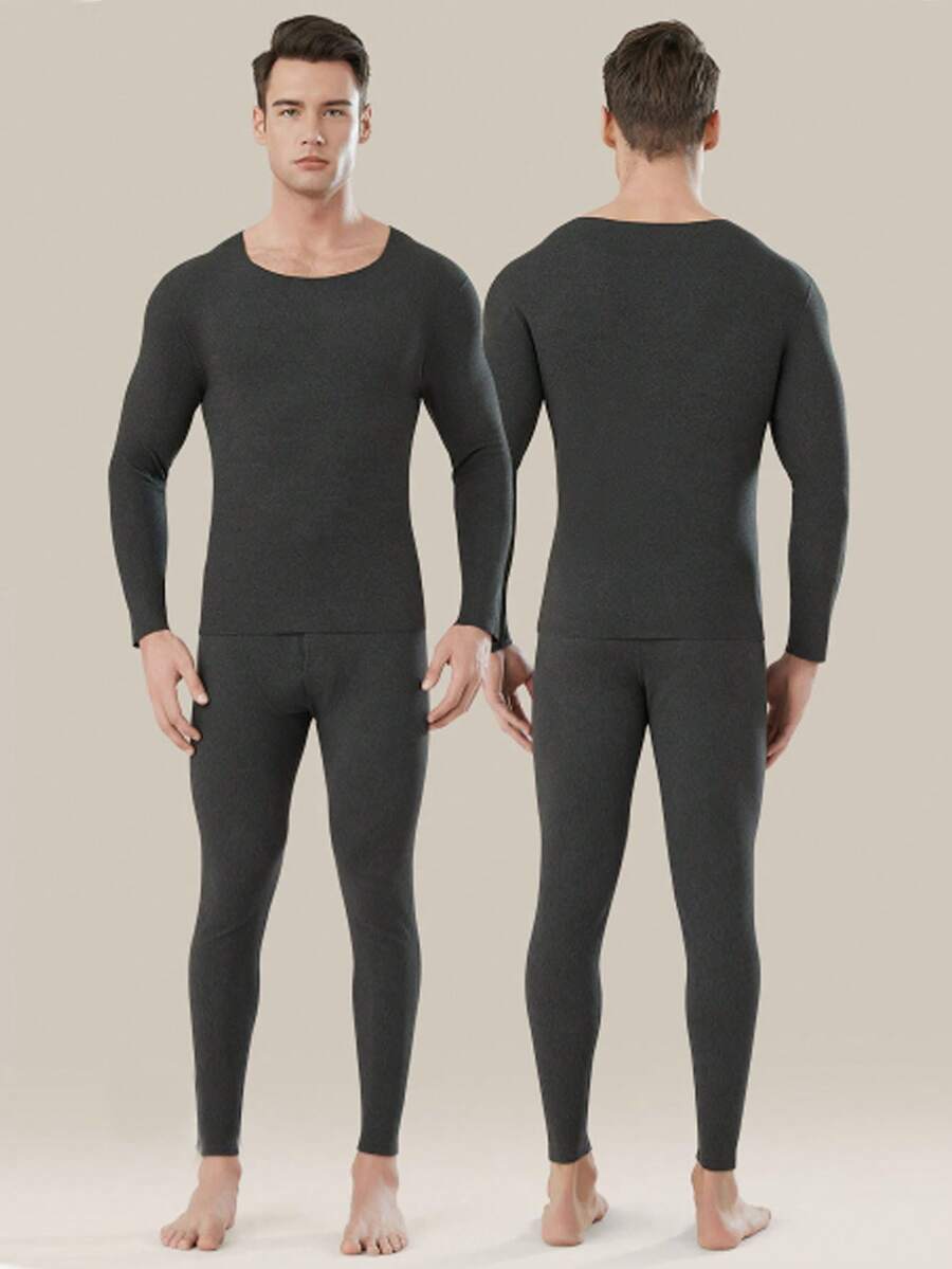 1set Men's Thermal Underwear Set, Seamless Slim Fit Base Layer, Fall Long Johns - Dark Grey - View 1