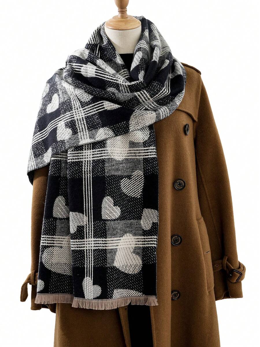 件女式復古玫瑰提花加厚披肩圍巾，適合送禮、日常通勤、工作、晚餐、街拍、旅行佩戴