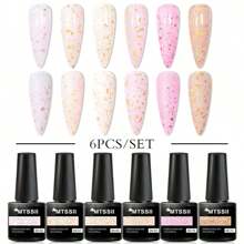 6 Pezzi/set Smalto Gel Glitterato Con Base In Gomma 7ml, Paillettes Dorate, Strato Superiore In Gel Base Rosa/bianca, Rimozione Soak Off, Donnna, Decorazione Unghie In Gel Uv Led, Regalo Per Manicure