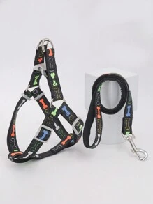 1套時尚骨形胸部和背部三角帶狗繩套裝,附牽引繩,適用於室內和室外 - 黑色 - 查看 1