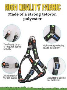 1套時尚骨形胸部和背部三角帶狗繩套裝,附牽引繩,適用於室內和室外 - 黑色 - 查看 3