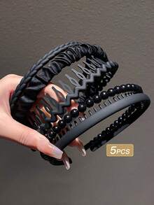 5 件裝女式黑色簡約百搭流蘇凌亂髮帶