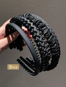 5 件裝女式黑色簡約百搭流蘇凌亂髮帶