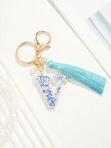 1個時尚女性風丙烯藍白瓷信封v字鑰匙圈,可裝飾汽車或包包,流蘇吊飾,禮物
