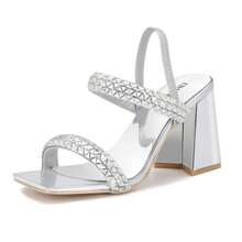 Sexy Peep Open Toe Rhinestone Sandals For Women Elegance Square Toe Slip On Chunky Heels Sandal Wedding Party Dress Pumps - 銀色 - 查看 8
