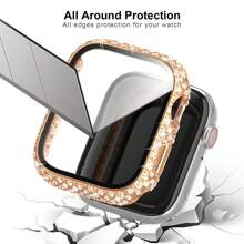 [1pc/Pack] Fashionable Rhinestone Decorated Tempered Glass Screen Protector With Wave Patterned Protective Case Compatible With Apple Watch 8/7 Series, Fits Both 41mm And 45mm Hd Smartwatch Accessories - Silver - View 3