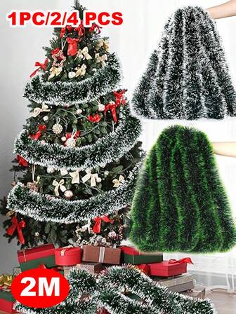 1 Pieza Cinta decorativa navideña de 10 cm * 200 cm con hilos florales tipo enredadera, adorno de árbol de Navidad, color verde y blanco