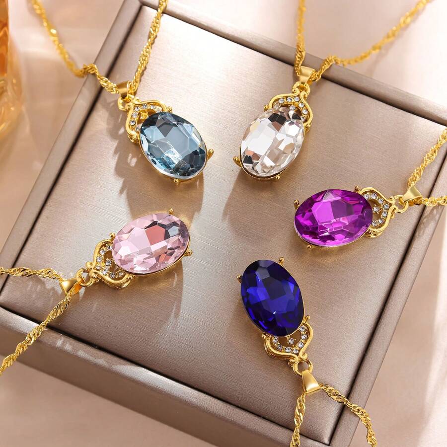 5種顏色新款晶鑲嵌項鍊,時尚女士水滴水晶王冠項鍊,婚禮訂婚項鍊首飾禮物