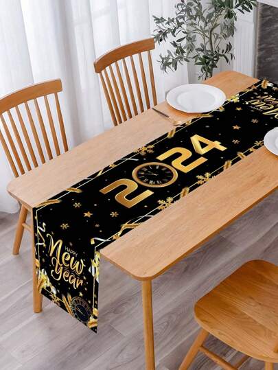 1pc Polyester Black Gold Happy New Year Table Runner,2024 New Year Party Decorations Background Table Runner,Black Gold Home Party Supplies Tablecloth