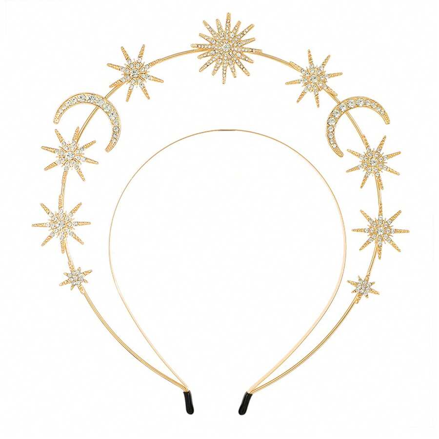 1pc Sun Goddess Double-layer Headband With Star & Moon & Rhinestone Detail Baroque Hairband - Gold - View 1