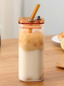 1pc Square Glass Cup For Home Use, Simple, High Temperature Resistant, Suitable For Drinking Milk Tea/coffee - Multicolor - View 2