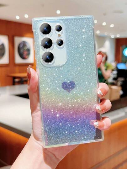 1pc Purple Heart Shaped Iridescent Gradual Change Glitter Phone Case With Four Corners Shockproof Protection, Compatible With Samsung And Iphone