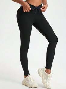 [New Arrival] Women's Outdoor Snap Button Skinny Leggings, Black Sports Casual Slim Fit Tights