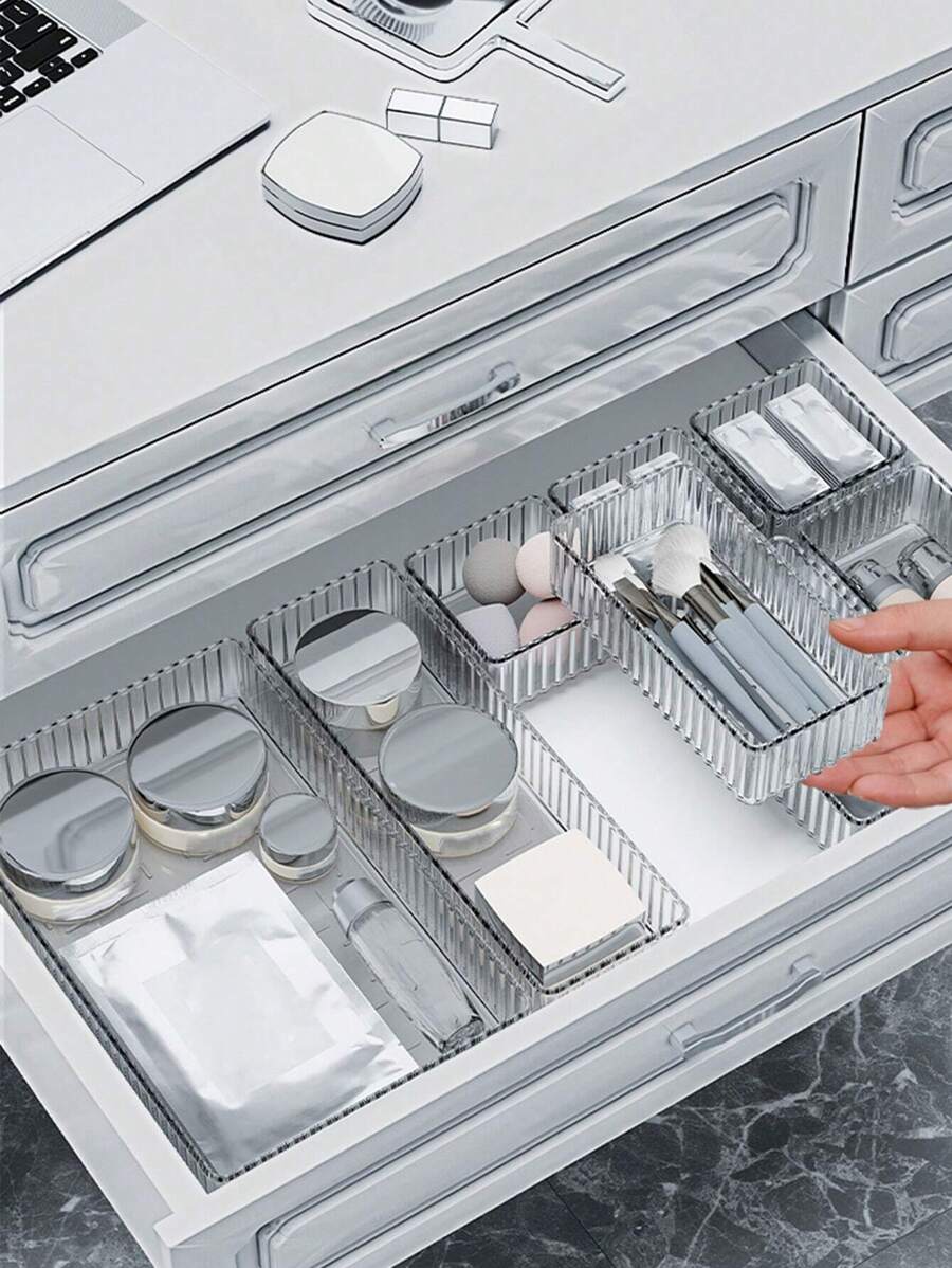 1件/5件/10件精美透明桌面化妆品收纳盒女士用于存放眼影、化妆刷、口红等化妆用品，带自由组合和分隔，适用于度假海滩、浴室收藏、卧室收藏，容量大 - 透明豎紋款 - 查看 1