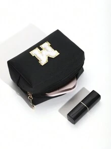 1 件时尚刺绣毛绒字母化妆包拉链便携式 PU 化妆包，多功能收纳包旅行配件收纳包女士礼物女孩礼物女友礼物化妆包化妆包化妆品收纳盒化妆品收纳 - 黑色 - 查看 7