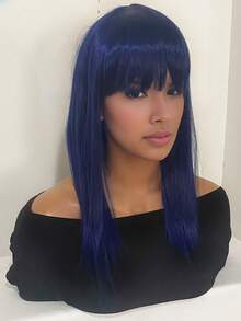 18英寸藍色合成纖維女士長直劉海髮型,適用於萬聖節、聖誕節、角色扮演、日常穿著 - 藍色 - 查看 3