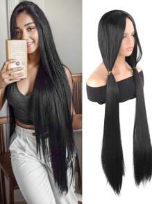 女性黑色顏色40英寸超長直髮假髮,優雅美麗自然逼真,耐高溫纖維,適用於日常和派對使用 - 黑色 - 查看 1