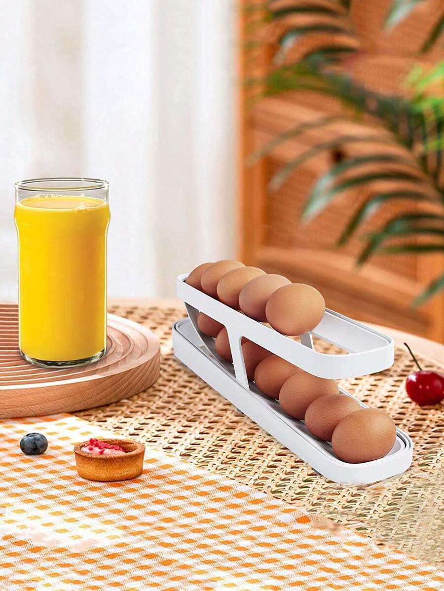 1pc Fridge Egg Dispenser, Egg Roll-type Storage Rack, Egg Tray, Egg Rack - White - View 1