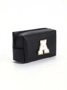 1 件时尚刺绣毛绒字母化妆包拉链便携式 PU 化妆包，多功能收纳包旅行配件收纳包女士礼物女孩礼物女友礼物化妆包化妆包化妆品收纳盒化妆品收纳 - 黑色 - 查看 2