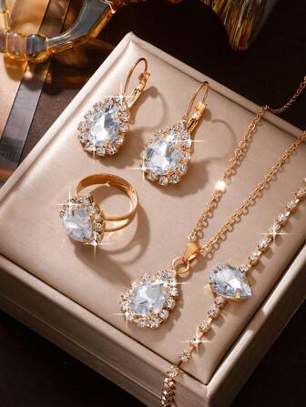 5 st/set Kvinnors Droppformad Strassdekor Smycken Set