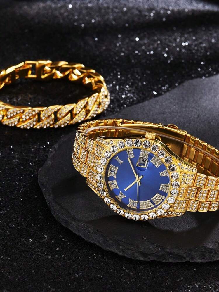 Men's Gold & Blue Rhinestone Studded Watch & Bracelet Set - Blue - View 1