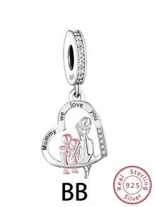 1個心形925銀“媽咪我們愛您”吊墜帶珠子,適用於diy母親節禮物