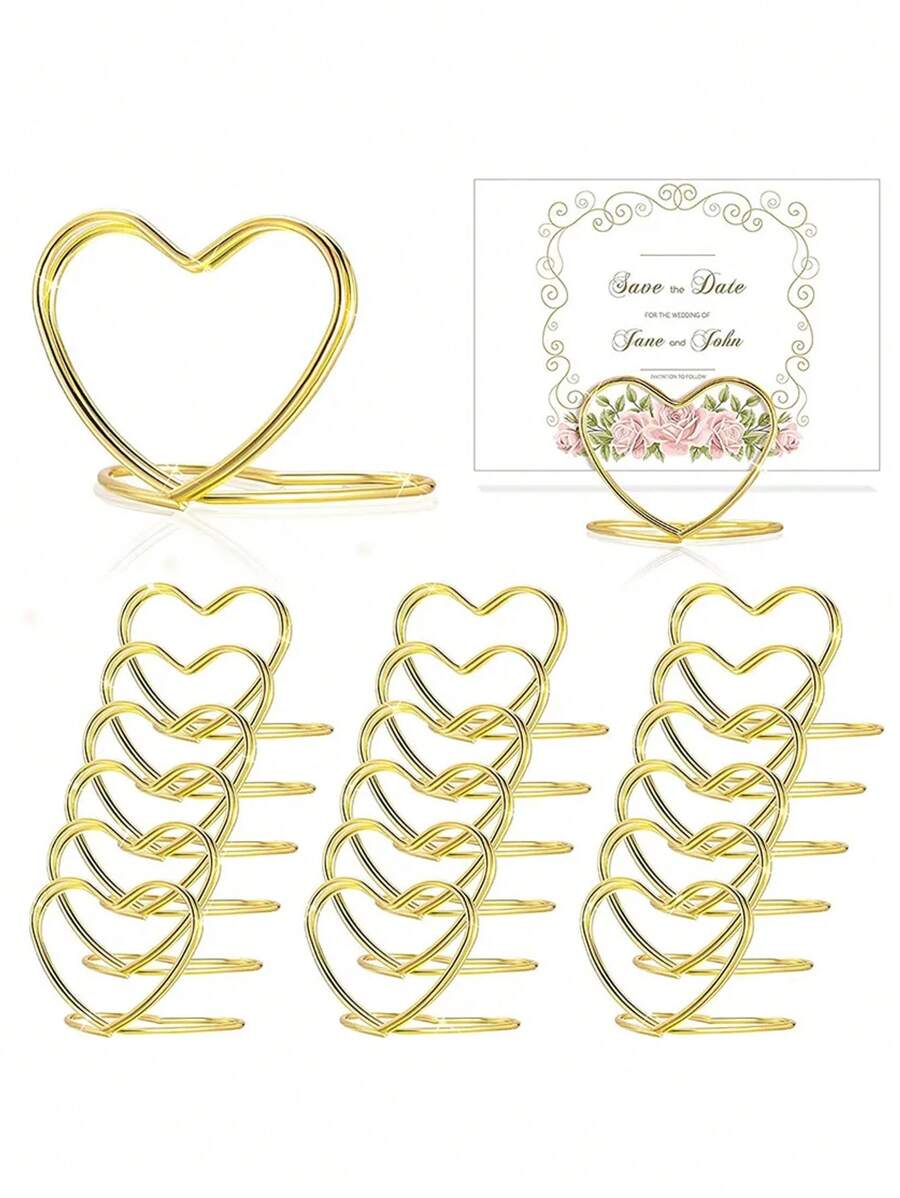 10/20pcs Heart Shape Metal Photo Clip Stands Wedding Table Number Name Place Card Holder For Valentine's Day Birthday Party Table Sign Decor - Gold - View 1