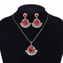 Crystal Gemstone Jewelry Set Including 1pc Necklace And 1pair Earrings - Red - View 1