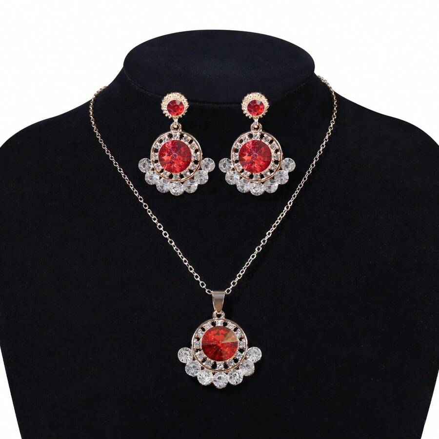 Crystal Gemstone Jewelry Set Including 1pc Necklace And 1pair Earrings - Red - View 1