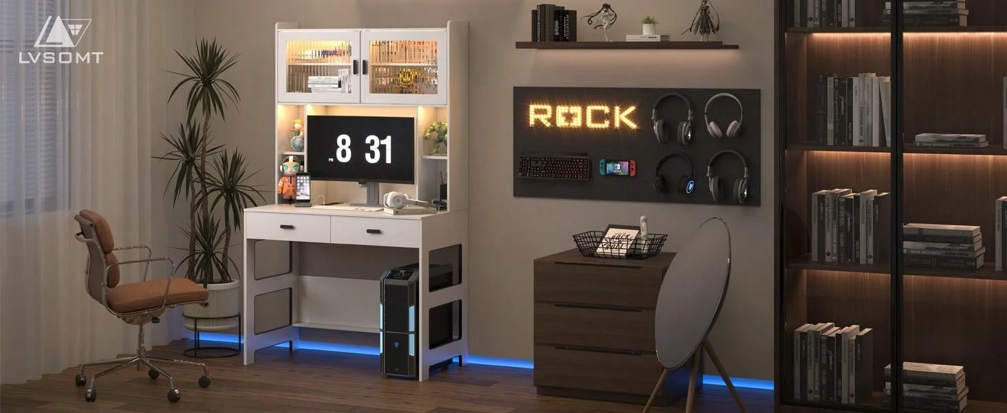 Shein Light Computer Desktop Home Office Desk With Hutch, Modern Computer Gaming Desk With LED ...