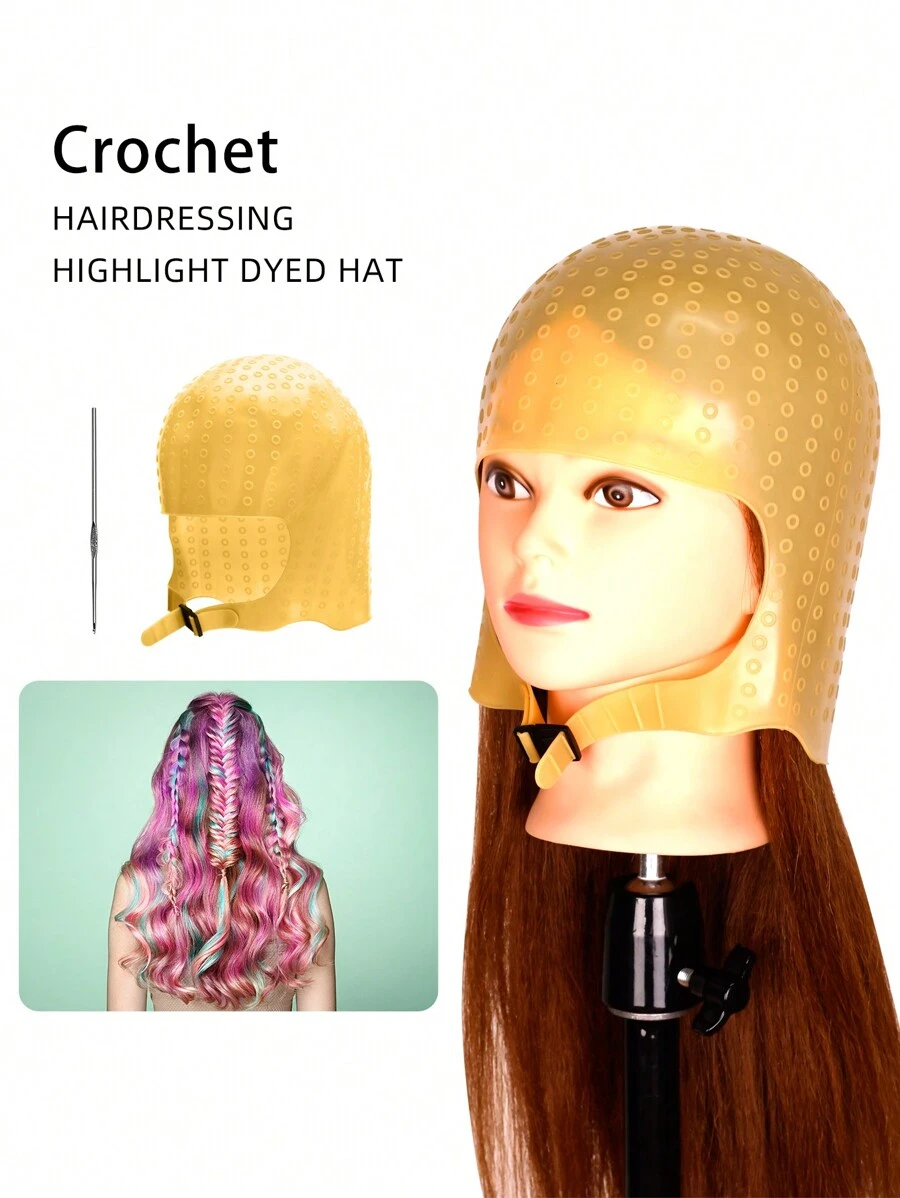 1 件高弹力硅胶染发帽带钩针套装适用于特殊染色和卷发，适用于美发沙龙造型工具 - 彩色 - 查看 1