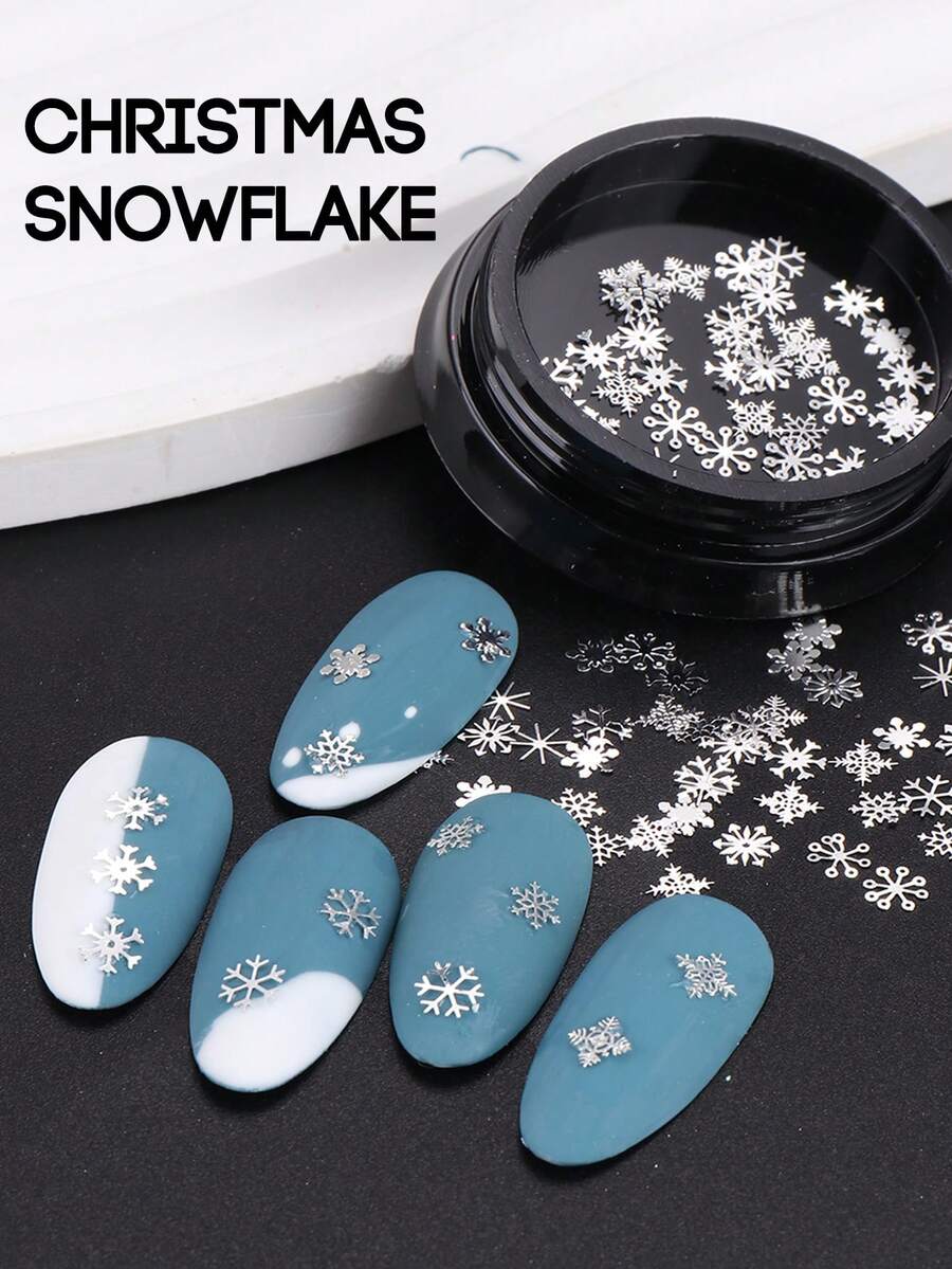 1 盒银色雪花美甲金属片，混合不同雪花指甲饰物 DIY 闪光薄片冬季亮片美甲指甲配件