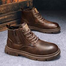 Men's Vintage Style Elevator Work Boots With Thick Sole And High Top, Pu Leather Material, British Style, Autumn - Brown - View 3