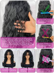 藍色斜劉髮型的自然凌亂中長捲髮合成假髮,適用於日常聚會和萬聖節假髮 - 藍色 - 查看 12