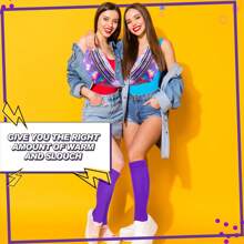 80年代女性霓虹色超長重裝鬆垮襪套裝,全息腰包,護腕,頭帶,適用於瑜伽、跑步、徒步旅行