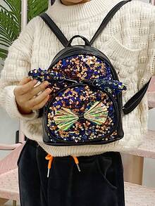 1pc Girl's Cute Sparkly Butterfly Decorated Backpack With Glitter Material, Suitable For Daily Use In All Seasons - Black - View 1