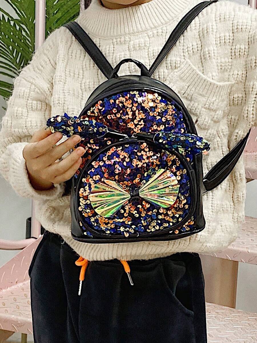 1pc Girl's Cute Sparkly Butterfly Decorated Backpack With Glitter Material, Suitable For Daily Use In All Seasons - Black - View 1