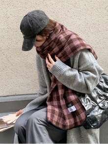 女士圍巾,復古格紋圍巾,冬季加厚披肩,雙用保暖多功能圍巾 - 粉色 - 查看 3