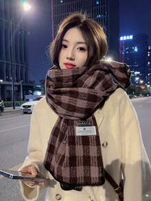 女士圍巾,復古格紋圍巾,冬季加厚披肩,雙用保暖多功能圍巾 - 粉色 - 查看 5