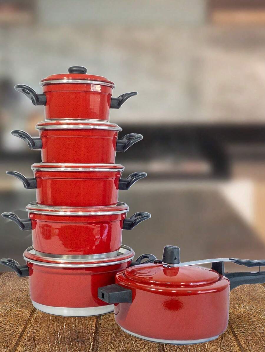 Kit Jogo de 5 Panelas Coloridas em Alumínio + Panela de Pressão de 2,5 Litros Pequena Resistente - Vermelho - Visão 1