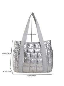 Solid Color Nylon Large Capacity Plaid Quilted Waterproof Multi-Pocket Zipper Shoulder Tote Bag, Suitable For Women's Daily Commute, Shopping, Travel, Autumn/Winter Multifunctional Bag - Silver - View 3