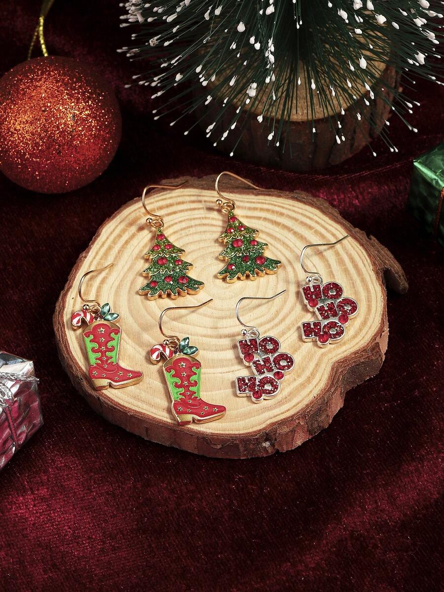 3對/套聖誕主題字母,聖誕樹,靴子,雪花,緞帶設計耳環,完美禮品和配件適合女士節日