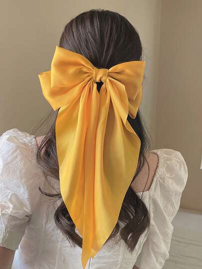 1个女士特大号长款黄色缎面蝴蝶结发夹，时尚百搭的高端优雅发饰，适合日常穿搭，发夹，发爪夹，发卡，学生用品，大学，蝴蝶结，可爱，发饰