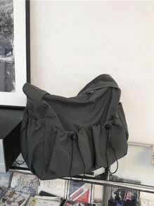 Women's Large Capacity Crossbody Bag With Charms, Unisex Multi-Pocket Drawstring Waterproof Nylon Shoulder Bag, College Style Suitable For University Students - Dark Grey - View 4