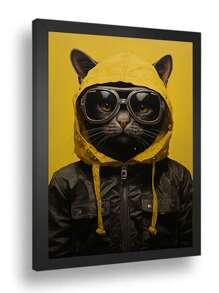 Quadro Decorativo Gato Touca Amarela Escritório Sala Quarto Hall - Preto - Visão 4